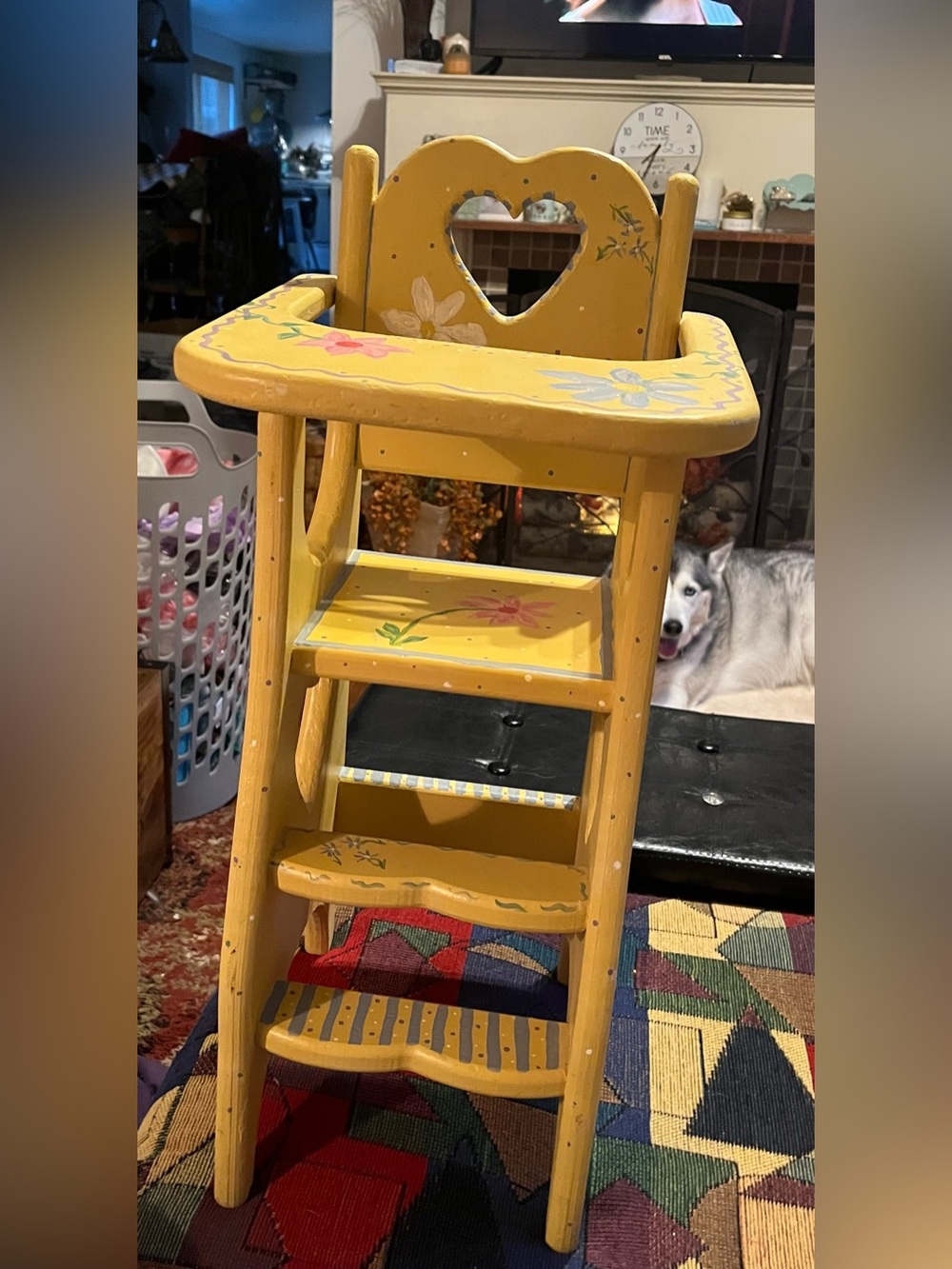 Vintage Hand-Painted Yellow Wooden Kids Doll High Chair with Floral Design